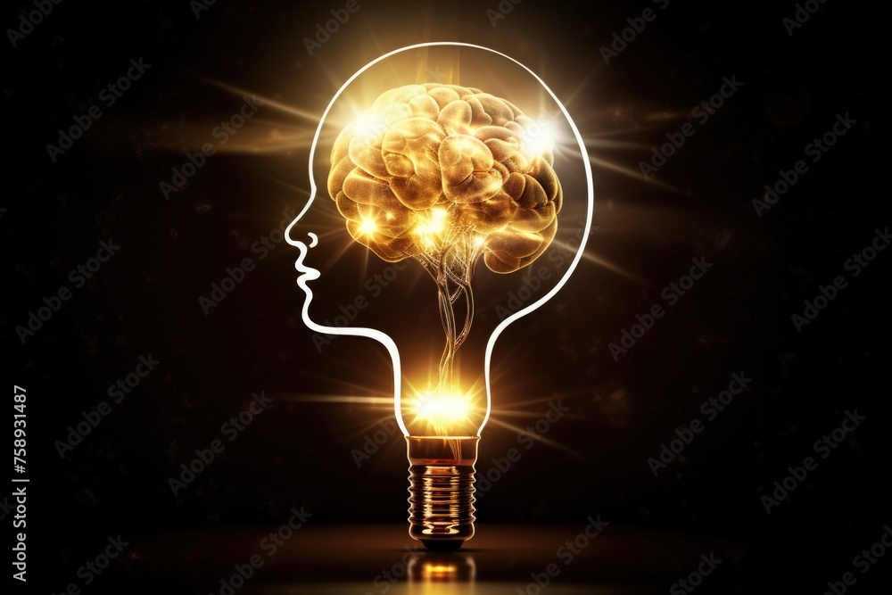 Poster light bulb with glowing brain inside, ideal for science concepts
