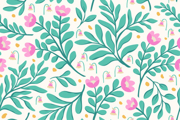 Vector pattern with simple cute flowers. Liberty seamless background. Trendy colors illustration for fashion textile. - 758931401