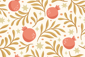 Vector tropical seamless pattern with fruit elements. Hand drawn pomegranate background. - 758931402