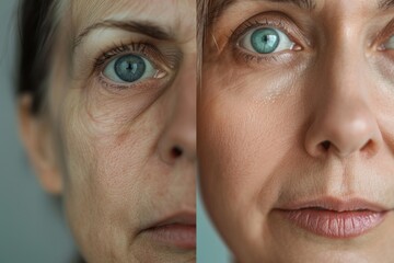 Close up of a woman's face with different colored eyes. Suitable for medical and beauty concepts - obrazy, fototapety, plakaty