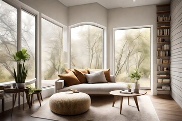 Fototapeta premium a cozy reading nook with a plush sofa positioned near a grid window, providing a tranquil view of the outdoors against a textured stucco wall backdrop.