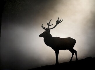 Deer stag, silhouette in the mist