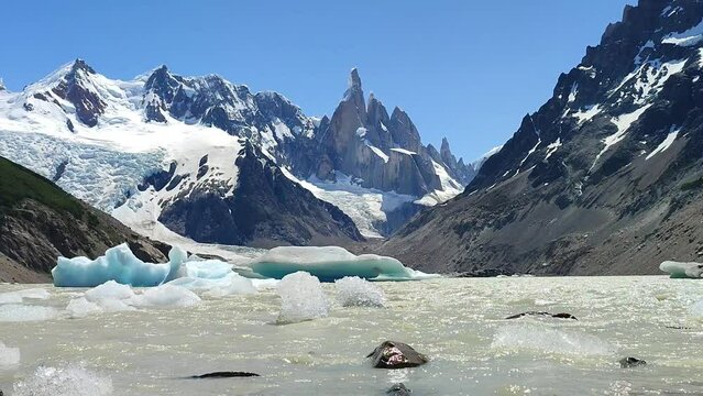 Beautiful video of Torre Lake in Patagonia Argentina. Torre Glacier, El Chalten, Argentina. Torre lake full of pieces of ice that break off from the torre glacier.