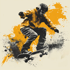 Skateboarder guy jumping in flight position. Vibrant orange skateboarding action sports.