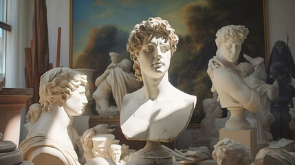 A group of statues sitting next to each other. Suitable for historical and cultural themes - obrazy, fototapety, plakaty