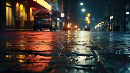 A car on a wet street at night. Suitable for automotive and weather-related concepts - obrazy, fototapety, plakaty