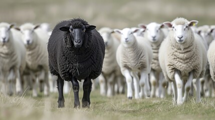 a flock of sheep being led through a pasture by one black sheep is in front with a small on its...