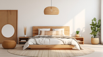 Elegant Modern Bedroom with Wooden Bed Frame, Neutral Colors, and Natural Light, Simplistic Design Concept