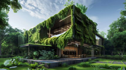 Fototapeta na wymiar An eco-friendly building covered in lush vertical gardens stands amidst a tranquil forest, symbolizing a harmonious blend of modern architecture and nature.