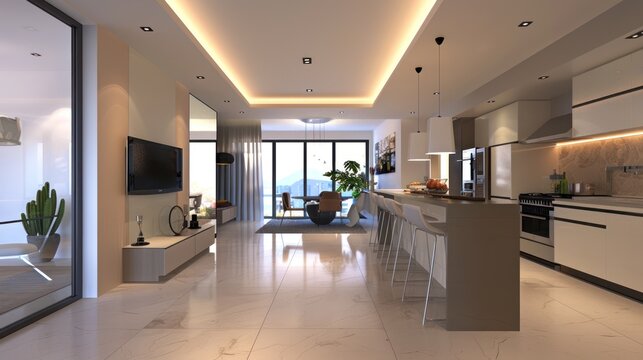 A front-view photograph of a fully equipped kitchen with a modern and minimalist design.
