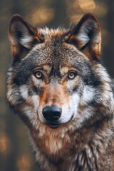 A close-up image of a wolf looking directly at the camera. Suitable for wildlife or nature themes