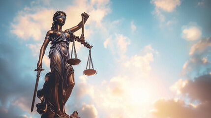 Legal law concept statue of Lady Justice with scales of justice sky background