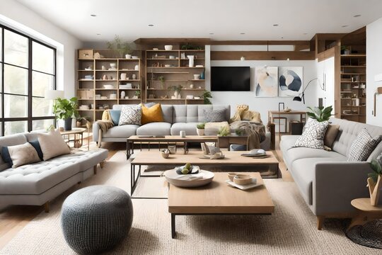 a family-friendly living space with versatile furniture, playful accents, and ample storage, creating a practical yet stylish environment for daily living.