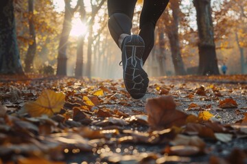Person running in a park with leaves on the ground. Suitable for outdoor fitness or autumn activities