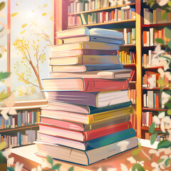A stack of colorful books, neatly piled one on top of the other. Each book has a unique, eye-catching cover.
open book
Library books
Book.
