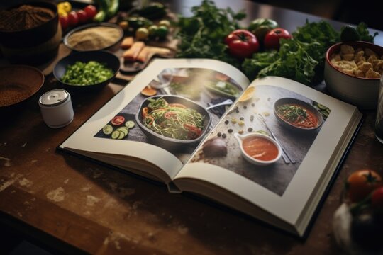 A cookbook open on a table surrounded by a variety of delicious dishes. Suitable for food and cooking related projects