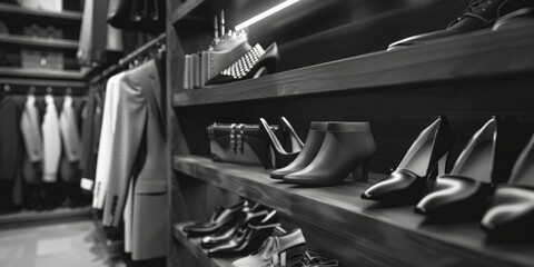 A simple black and white photo of a row of shoes. Perfect for fashion or retail concepts