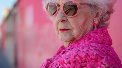 Fashionable older woman wearing pink sunglasses and jacket, perfect for lifestyle and fashion blogs