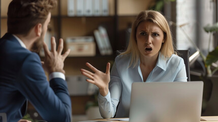 Two colleagues gesturing emphatically during a discussion. Businesswoman asserting her boundaries to a sexual harasser. - obrazy, fototapety, plakaty