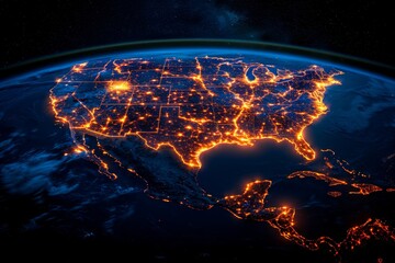 Map of Internet network for fast data exchange over America from space, global telecommunication satellite around the world for IoT, mobile web, financial technology. digital background  - obrazy, fototapety, plakaty
