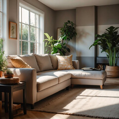 Stilvolles und gemütliches Wohnzimmerinterieur mit modernem Sofa und lebendigen Zimmerpflanzen - obrazy, fototapety, plakaty