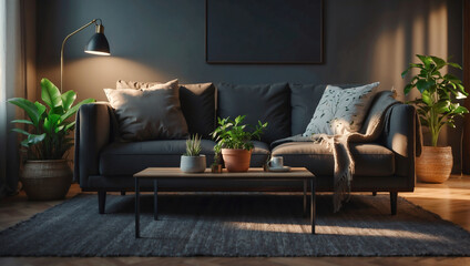 Modernes Wohnzimmer mit elegantem Sofa und stimmungsvoller Beleuchtung - obrazy, fototapety, plakaty