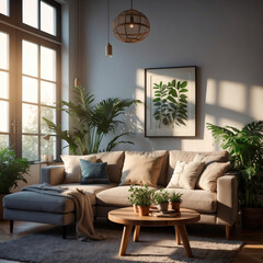 Behagliches Wohnzimmer mit stilvollem Dekor und Pflanzen - obrazy, fototapety, plakaty