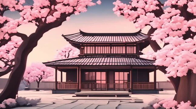illustration of Japanese house 3D design , front of pink cherry tree house