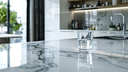 a high-angle photograph of a white marble countertop with a glass of pure still water, in the background 