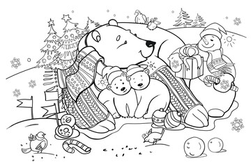 Fototapeta na wymiar Polar bear with cubs, cartoon character, coloring book for children, design for New Year and Christmas holidays
