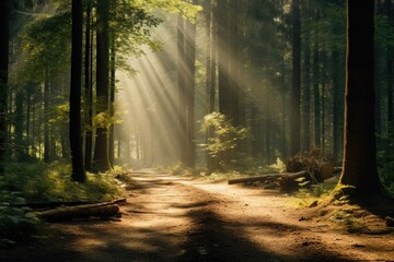 A scenic view of a dirt road in the forest, perfect for nature-themed projects
