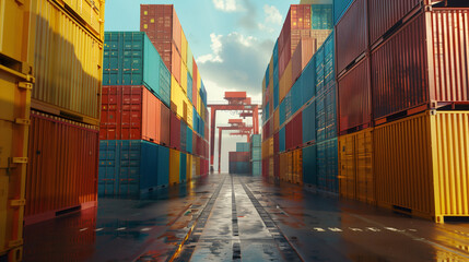 The deserted corridor between towering walls of colorful shipping containers creates a vanishing point that draws the eye, symbolic of open logistics pathways and the flow of global trade