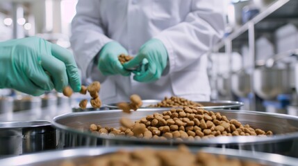 a human working as a pet food taster in a pet food manufacturing factory