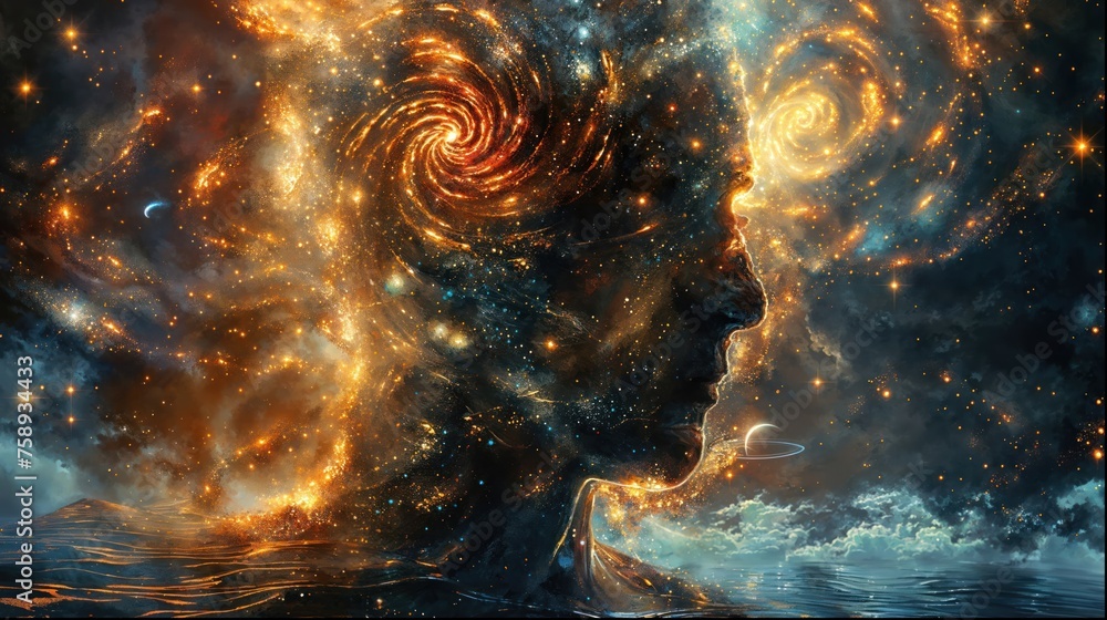 Wall mural a celestial profile sets over an ocean brimming with cosmic activity, merging man with the universe