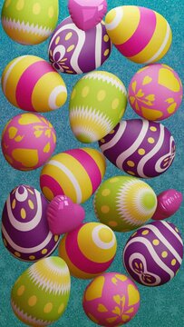 A looping vertical 3D video features colorful Easter eggs and pink heart balloons falling to the ground and then falling again. Digitally 3D rendered animation in the concept of Happy Easter Day.