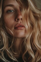 Naklejka premium Close up of a woman with freckles. Suitable for skincare products promotion