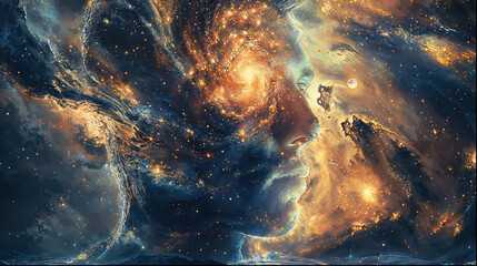 A cosmic portrayal of a woman composed of galactic elements and submerged in a cosmic ocean of stars