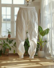 A pair of white pants is hanging in a room with a window and a potted plant