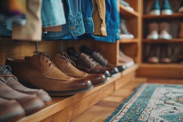 A row of men's shoes in a shoe store. Perfect for showcasing footwear products - obrazy, fototapety, plakaty