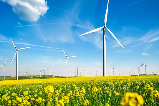 Wind turbines in a field of yellow flowers under the blue sky with clouds.Wind turbines generating renewable energy in a vast field under a blue sky.Wind turbines green energy concept.
