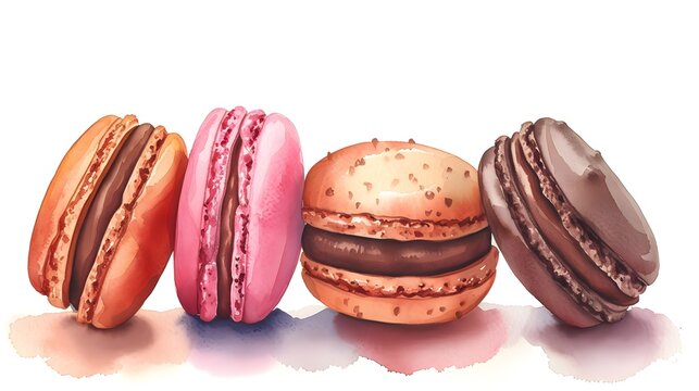 Vintage Watercolor Delights: French Macaroons in Assorted Hues. Generative AI