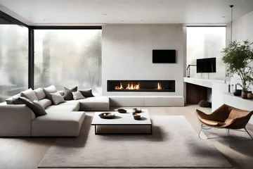 Poster a minimalist yet inviting ambiance with a corner sofa and a minimalist fireplace, embodying simplicity and sophistication in a living room retreat. © Muhammad