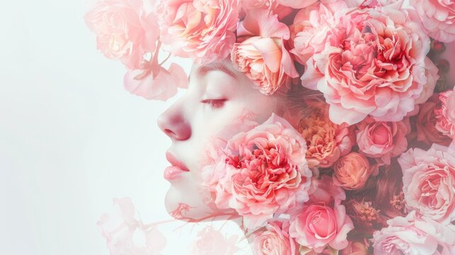A portrait of a woman's face enveloped in lush roses, merging the beauty of human thought with the bloom of nature.