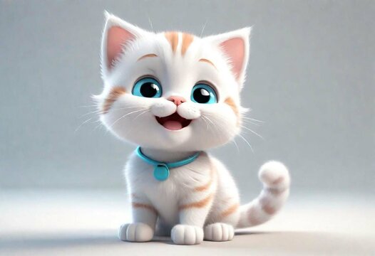 A Adorable 3d rendered cute happy smiling and joyful baby cat cartoon character on white backdrop