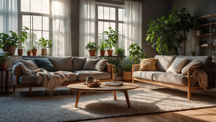 Sonnendurchflutetes Wohnzimmer mit elegantem Sofa und Grünpflanzen - obrazy, fototapety, plakaty