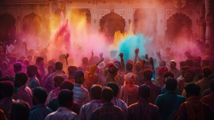 Fototapeta na wymiar multi color holi colors over the crowd 