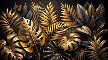 Elegant Gold and Black Tropical Leaves Design - Dark Monstera and Palm for Creative Nature Background