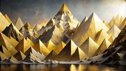 Mountain range illustration in gold colors, abstract art landscape mountain, luxury style for...