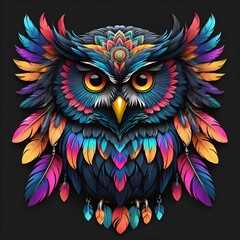 Fototapeta premium Vivid Tribal Fox Tattoo Logo: Intricate Mandala Patterns & Neon Undertones on Darkest Black Background - Elevating Minimalist Elegance