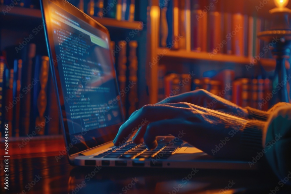 Poster a person using a laptop computer in a quiet library setting. suitable for educational or technology-